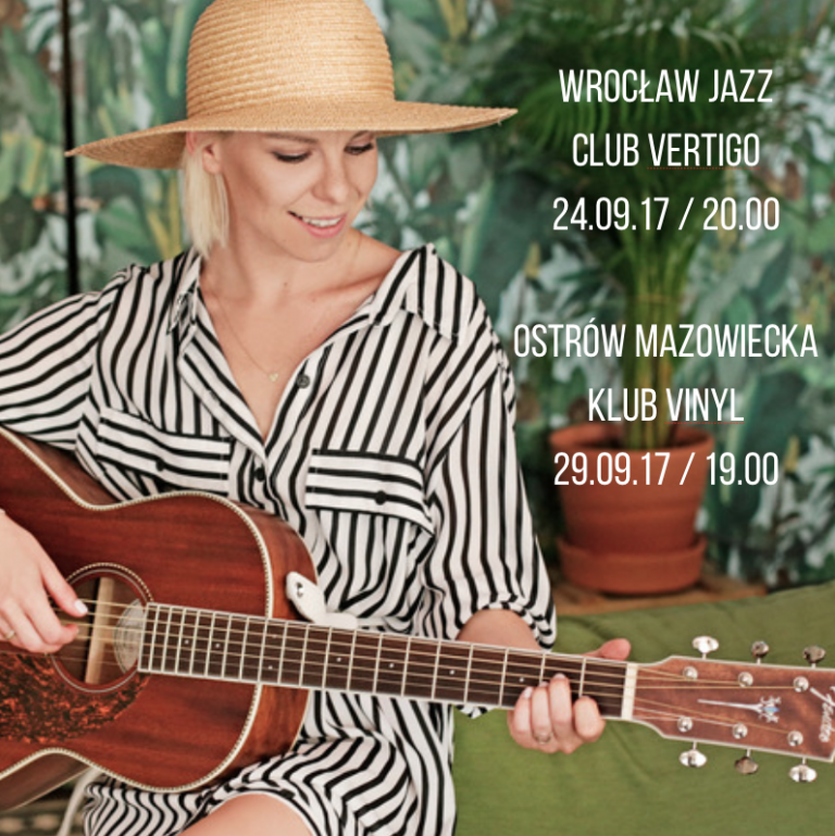 Plakat koncertów Alicji Janosz z gitarą – Wrocław, Jazz Club Vertigo i Ostrów Mazowiecka, Klub Vinyl, wrzesień 2017